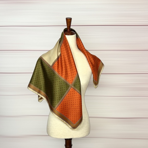 Vintage Daniel La Foret Twill Silk Scarf Geometric Patchwork Orange Green Cream - Picture 3 of 7